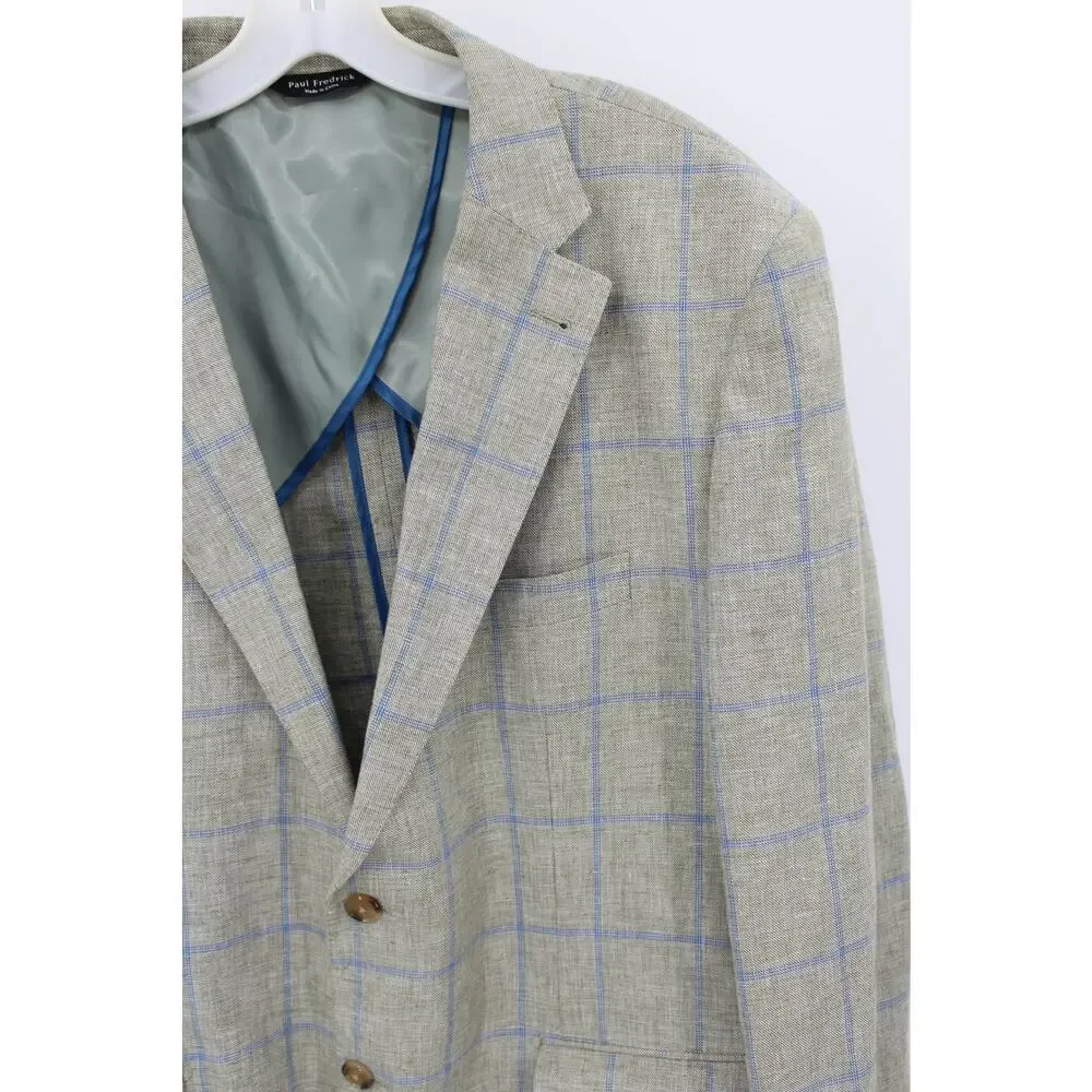 Paul Fredrick Sport Coat Linen Cotton Mens 46R Light Green Plaid Window Pane